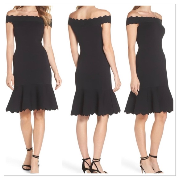 Eliza J Off The Shoulder Fitted Scalloped Hem Dress Sz S Black - Picture 1 of 8